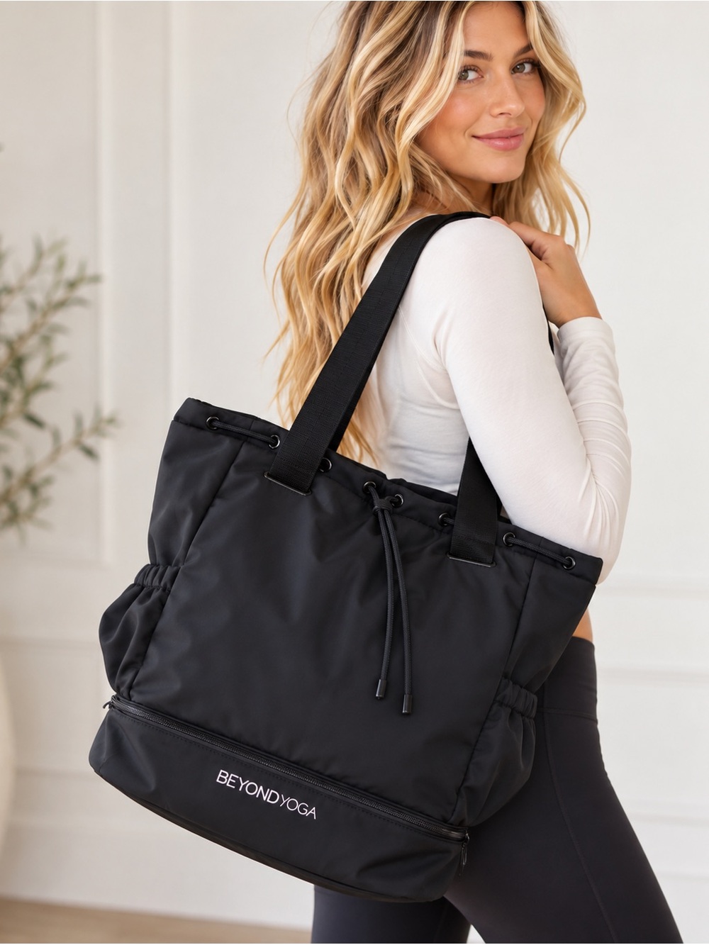 Beyond Yoga Black Nylon Drawstring Tote Bag